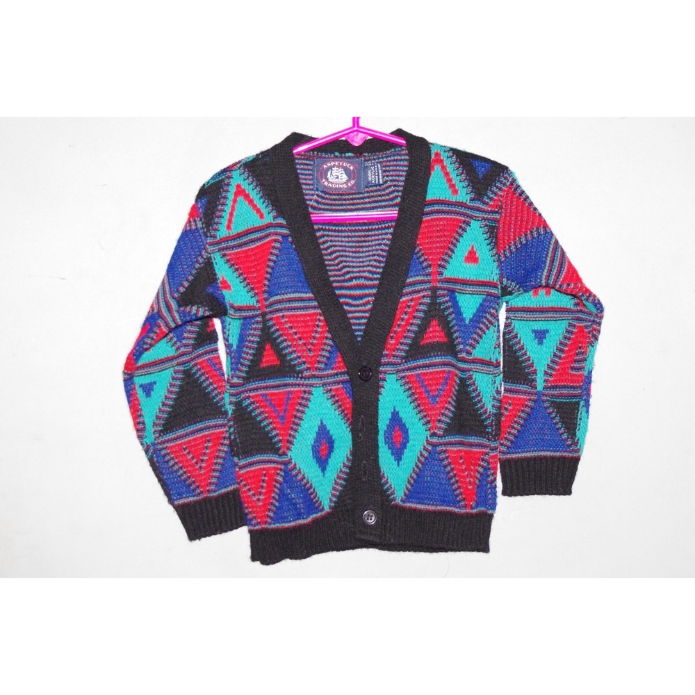 Vtg. Boys Kids Toddler Aspetuck Acrylic Sweater 4 USA EUC Geometric Multi 80s